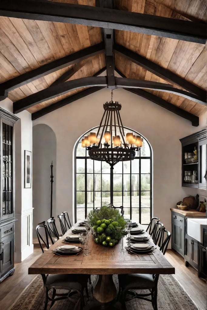 Rustic kitchen with wooden beam ceiling and chandelier