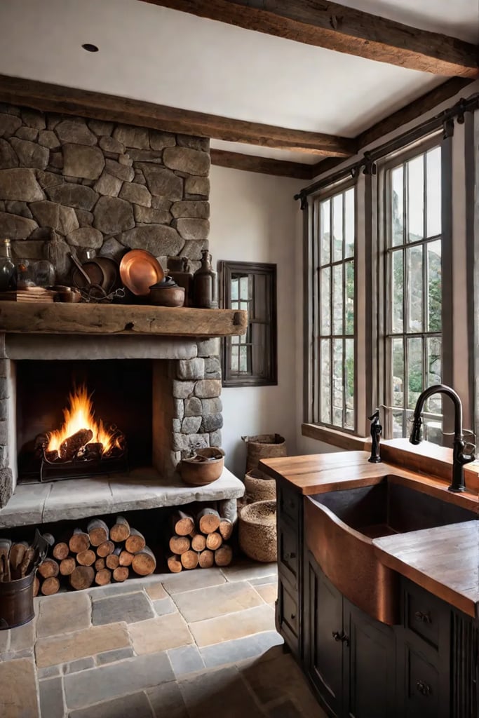 Rustic luxury kitchen with reclaimed wood beams and stone fireplace