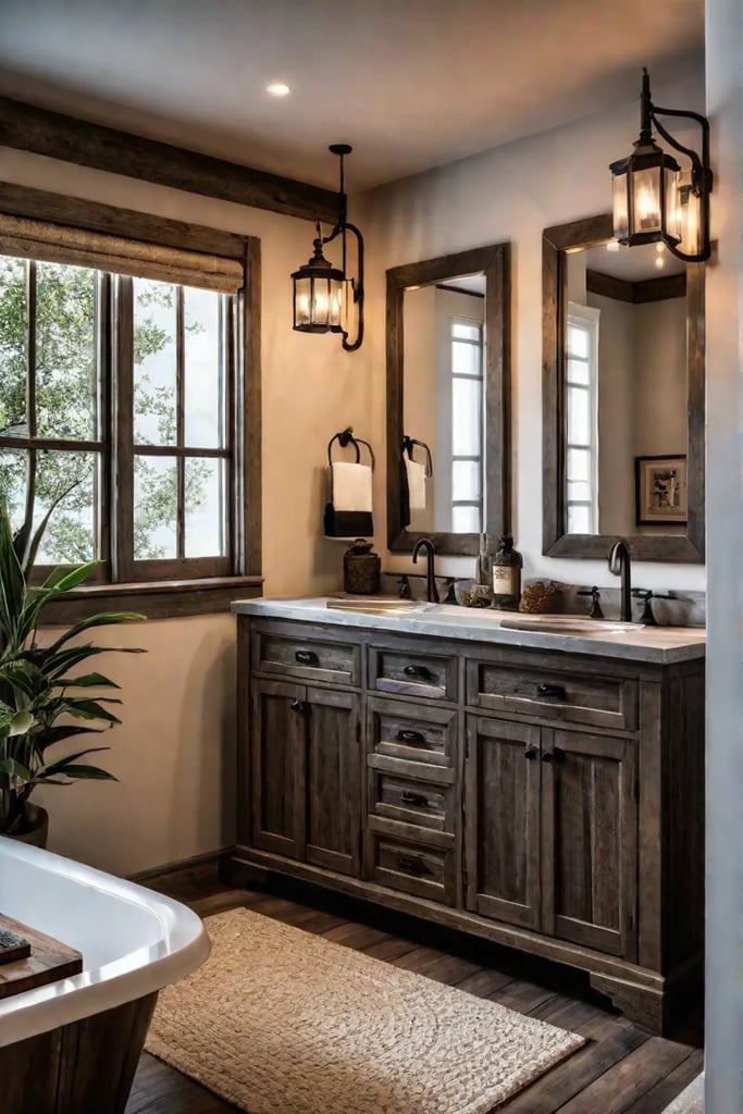 Rustic wood bathroom vanity with stone countertop