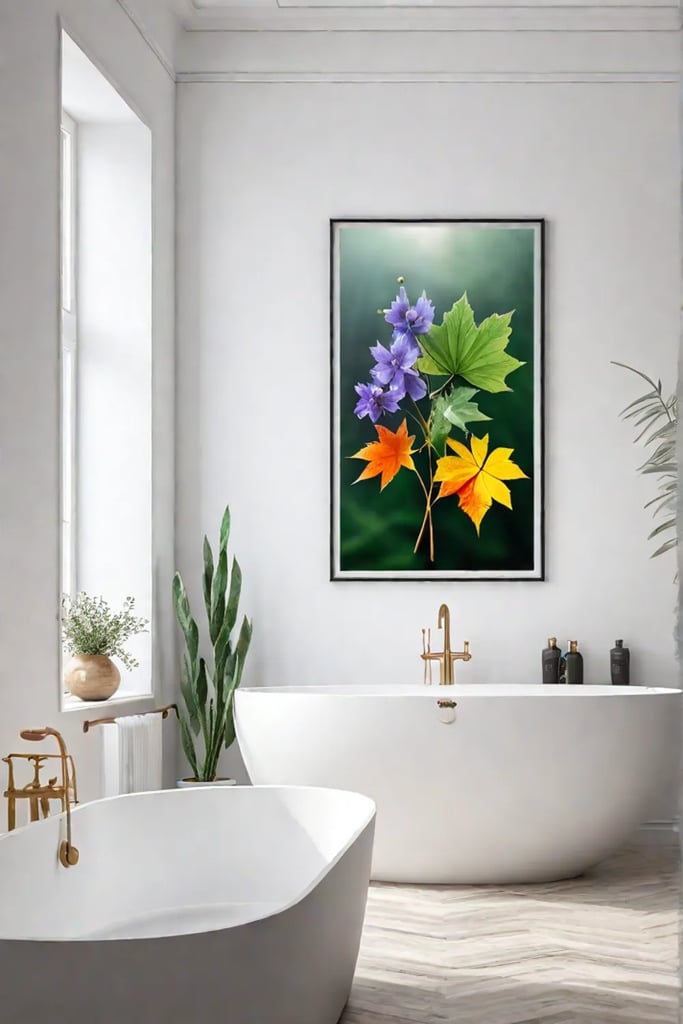 Scandinavian bathroom with printable abstract art and pressed leaves on the wall