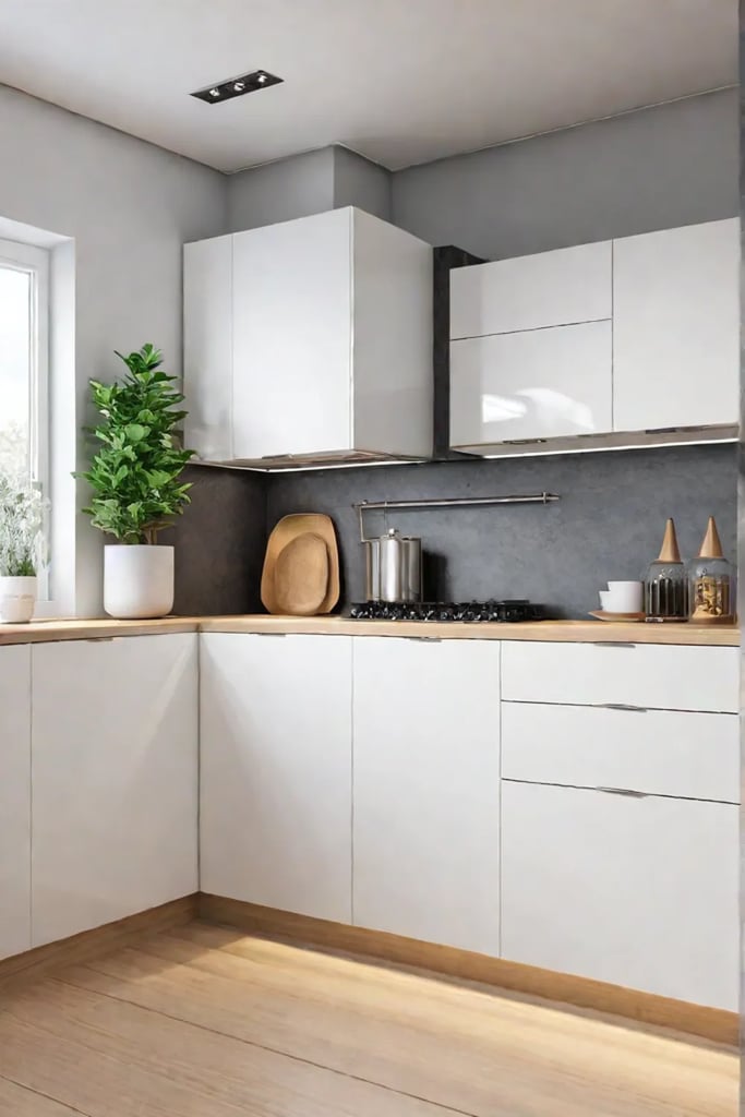 Scandinavian kitchen corner cabinet with Lazy Susan for everyday dishware