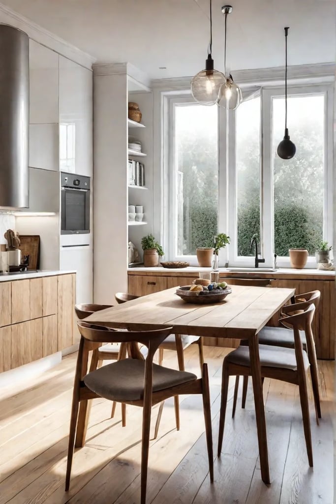 Scandinavian luxury kitchen with white cabinets and wood floors