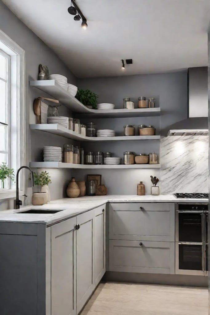 Small kitchen corner cabinet with pullout drawers and organizers for food storage