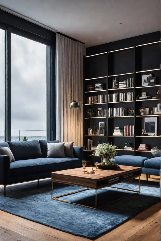 Small living room maximizing vertical space with tall shelves and curtains