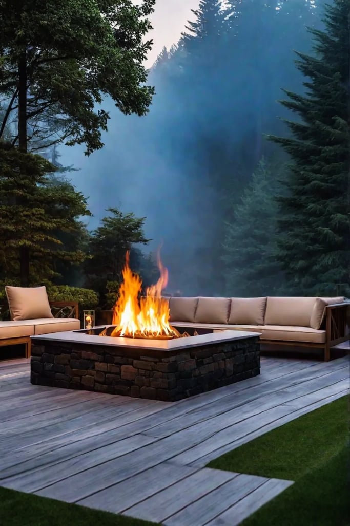 Spacious backyard patio with large deck and fire pit