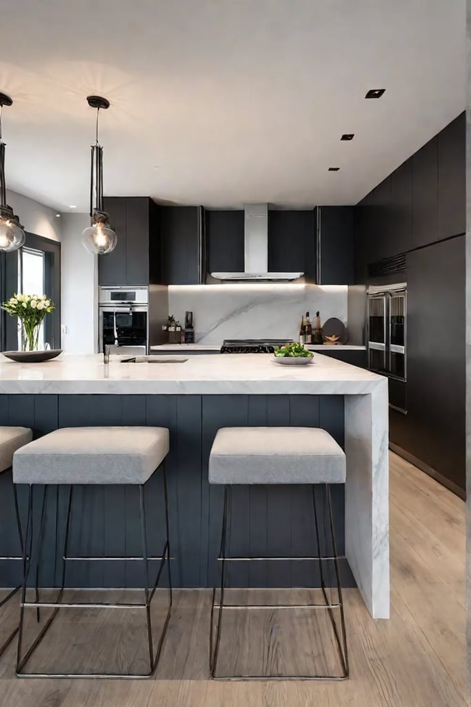 Spacious kitchen with light gray solid surface countertops and undermount sink