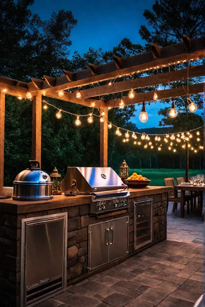 String lights in outdoor kitchen