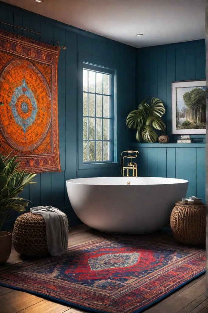 Tapestry with intricate designs in a bohemian bathroom