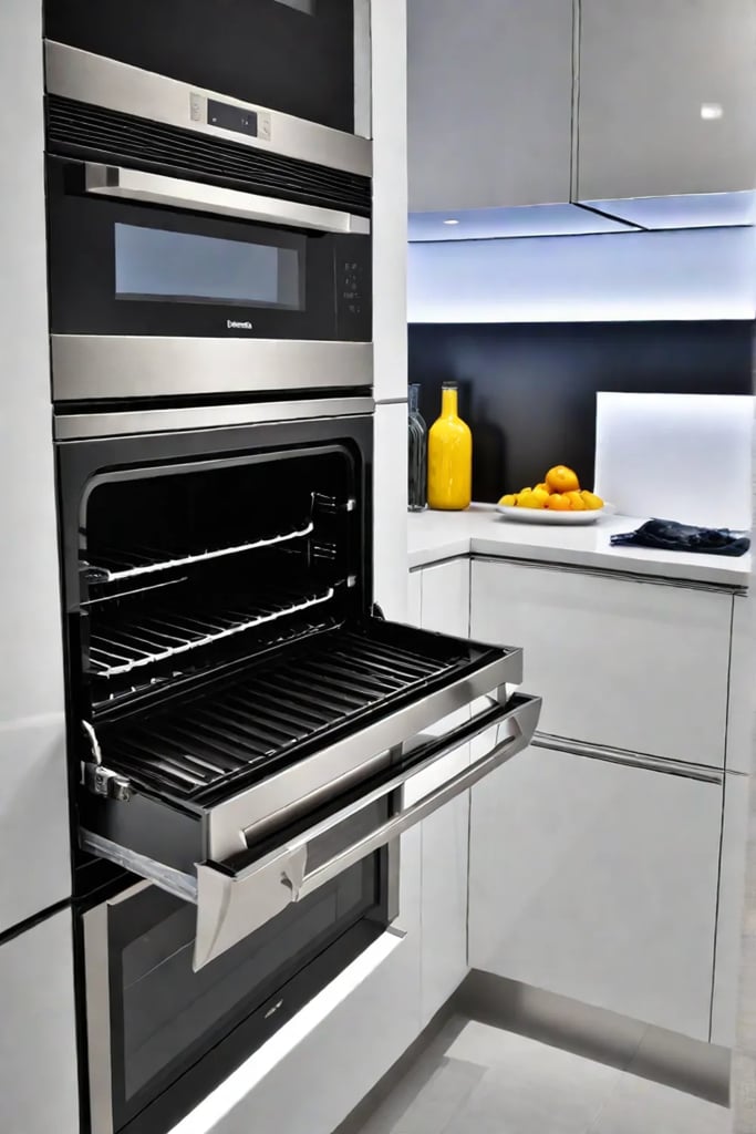 Toekick drawer under oven storing baking sheets