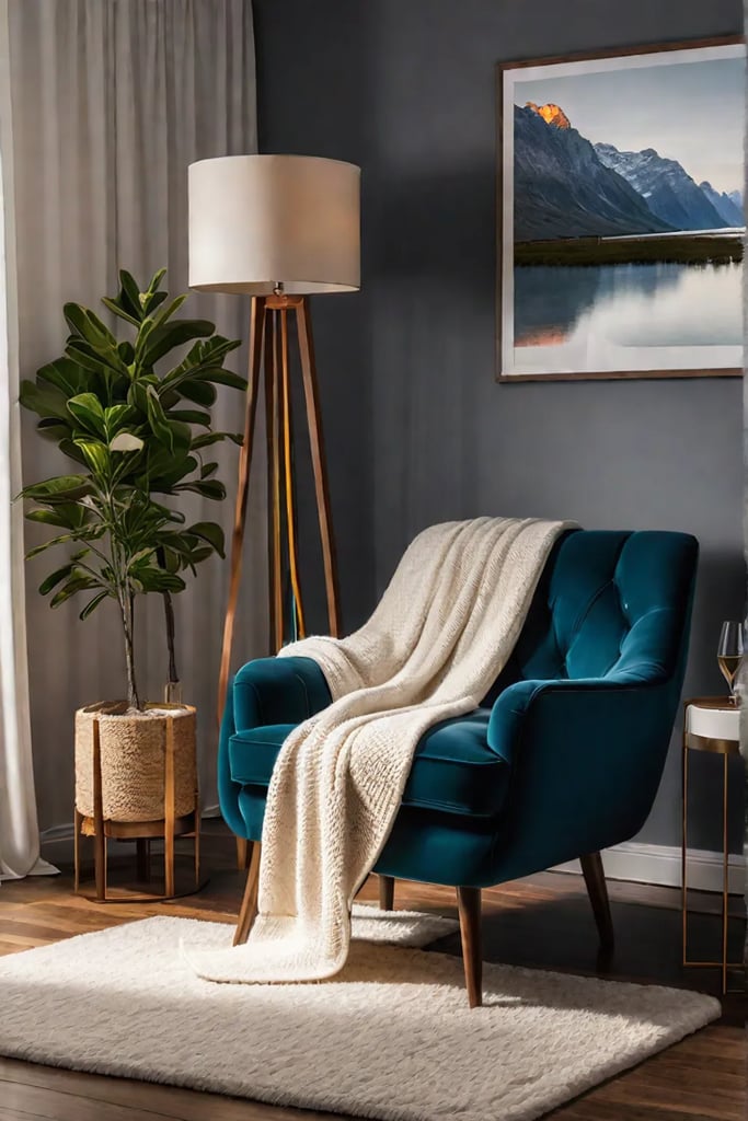 Velour armchair with sheepskin rug and chunky knit blanket in a cozy