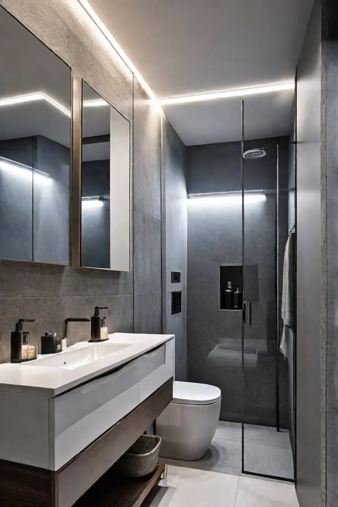 Wallmounted bathroom vanity with frosted glass mirror