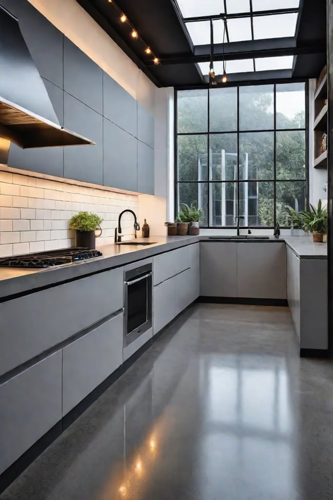 a kitchen with concrete flooring exposed brick walls and modern appliances