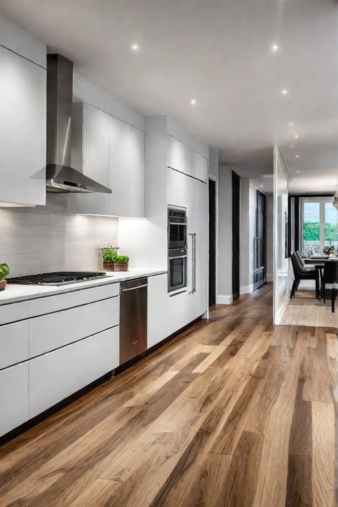 a kitchen with hardwood flooring modern cabinets and stainless steel appliances