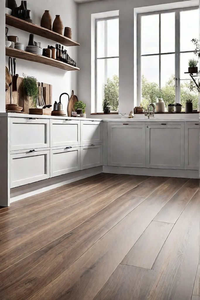 a kitchen with laminate flooring modern cabinets and minimalist decor