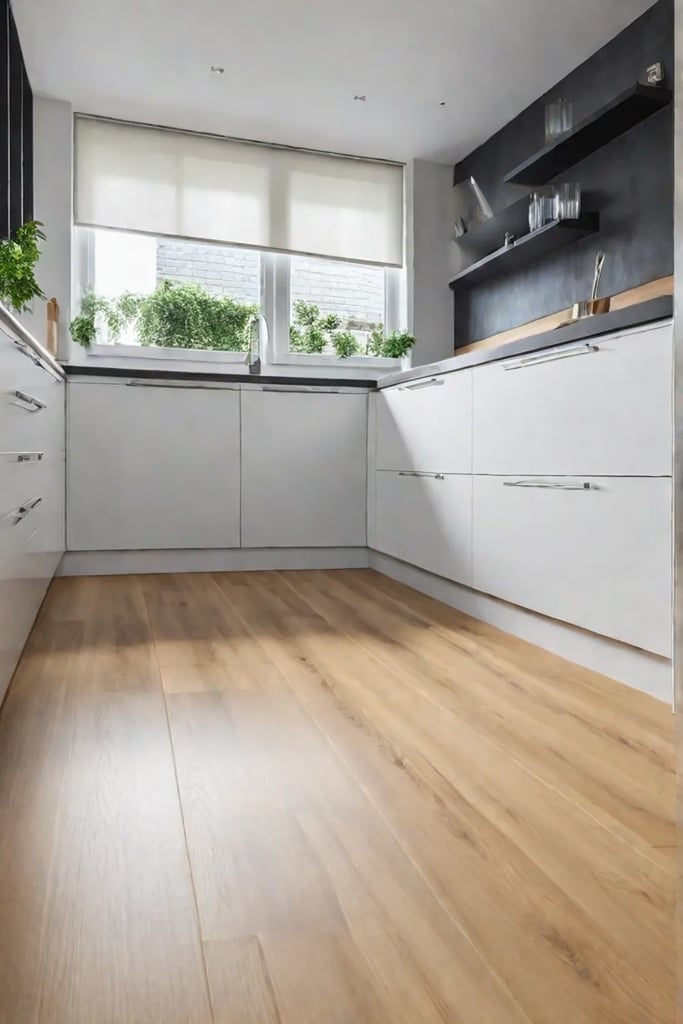 a kitchen with rubber flooring sleek cabinets and contemporary appliances
