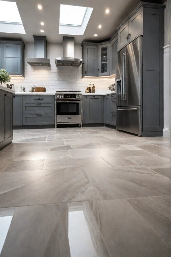 a kitchen with stone flooring classic wooden cabinets and antique decor