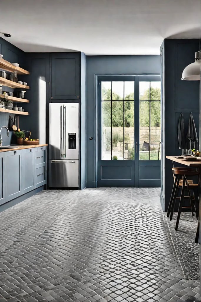 a kitchen with tile flooring rustic wooden cabinets and farmhouse decor