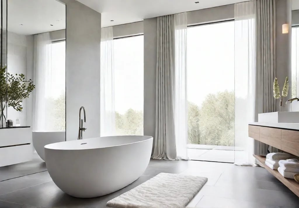 A minimalist bathroom bathed in natural light with large windows sheer whitefeat