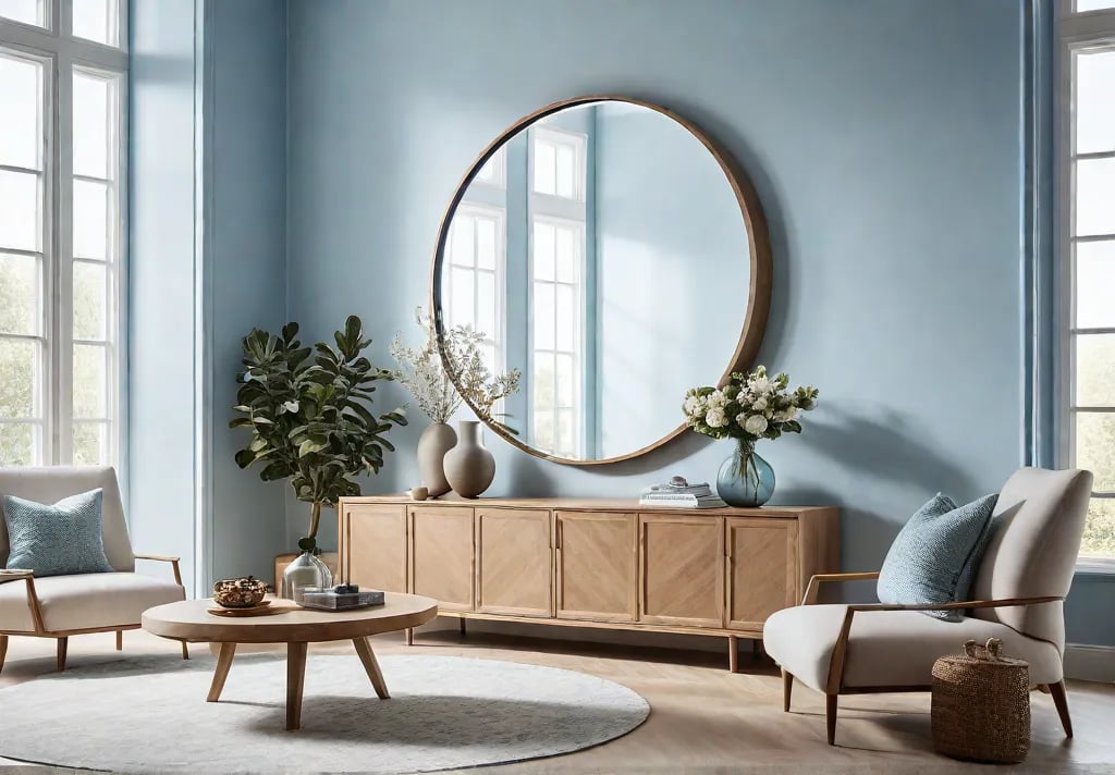 A serene living room with a pale blue wall adorned with afeat