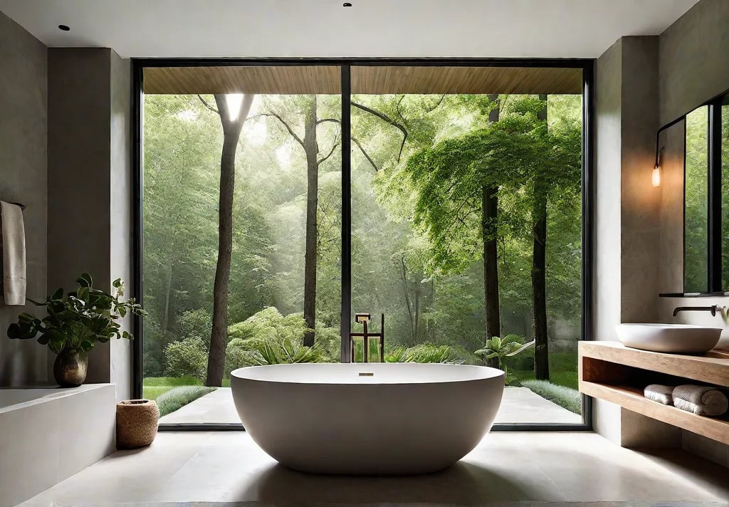 A serene minimalist bathroom with soft gray walls a freestanding stone bathtubfeat