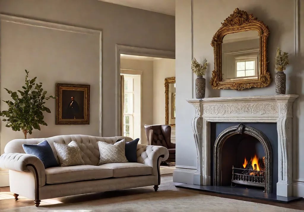 A sundrenched living room featuring a large ornately framed antique mirror abovefeat