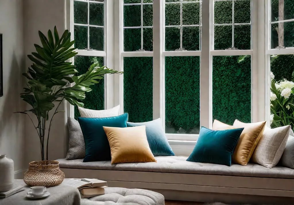 A sundrenched window seat with plush cushions and throw pillows overlooking afeat