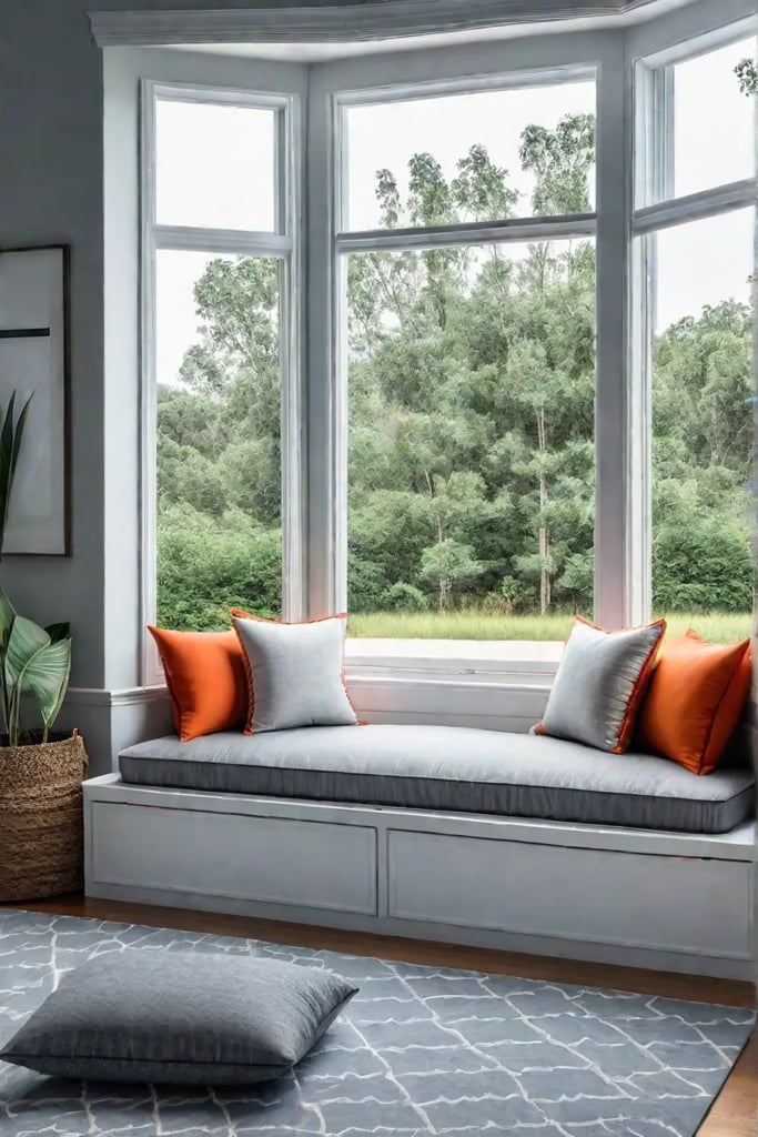 A childs bedroom window seat with toy storage compartments