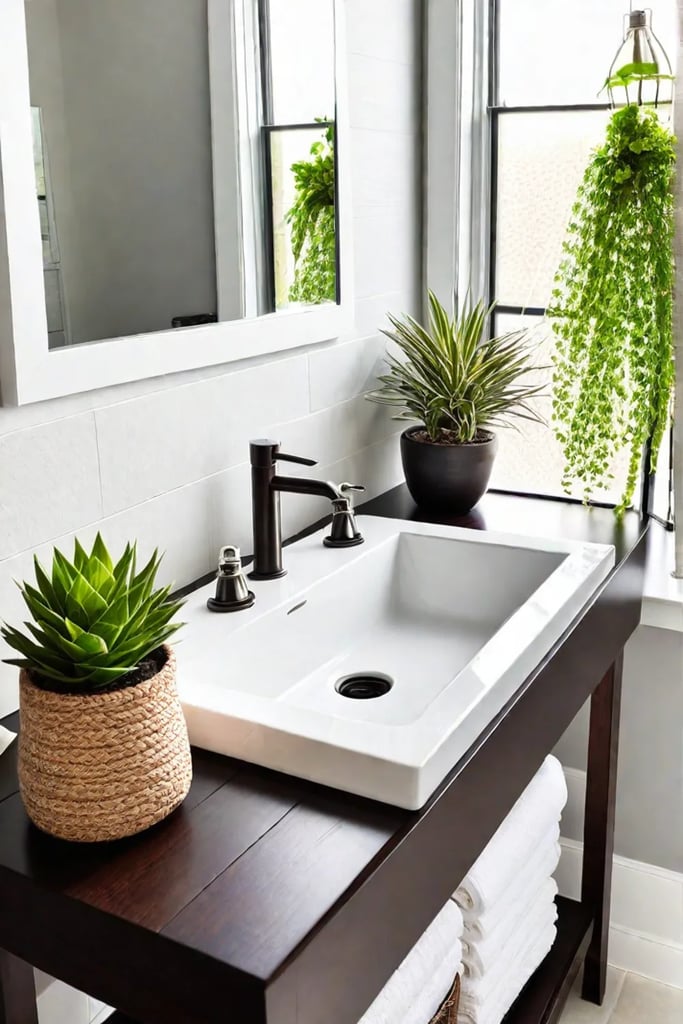 A clean and bright bathroom featuring costeffective porcelain and laminate materials