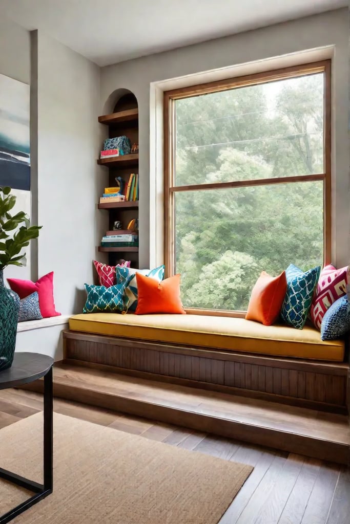 A colorful window seat with builtin bookshelves
