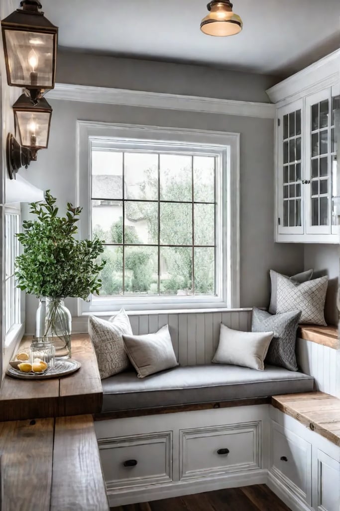 A farmhousestyle breakfast nook with a cozy window seat