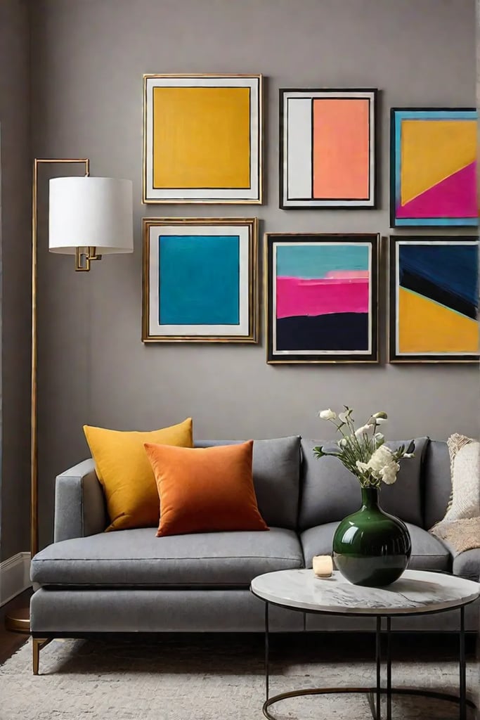 A gallery wall of colorful abstract paintings on canvas in a living room corner