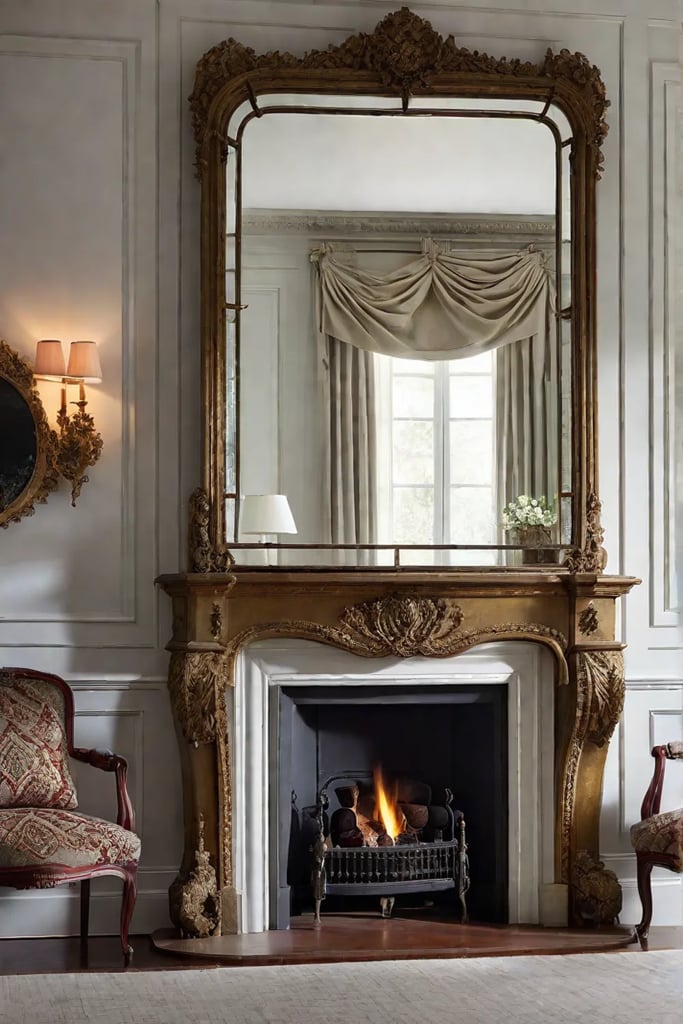 Antique mirror reflecting sunlight in a bright living room