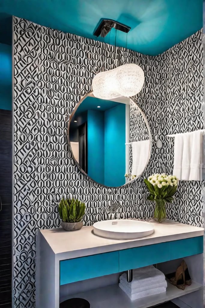 Bathroom decor with vinyl lettering and graphic wallpaper