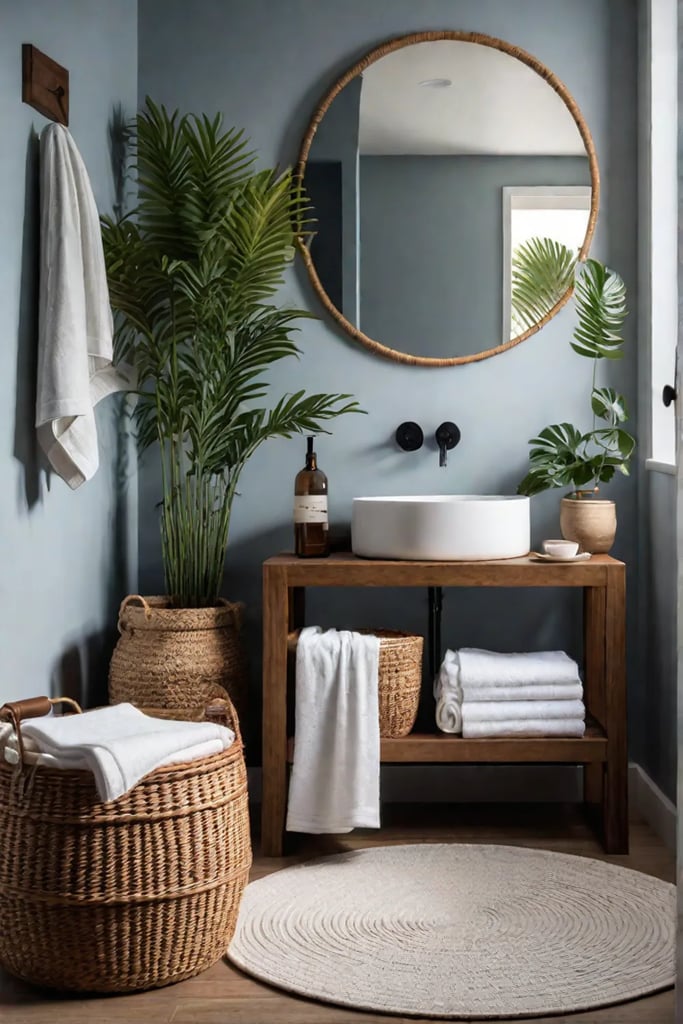 Bathroom decor with woven basket and wooden stool