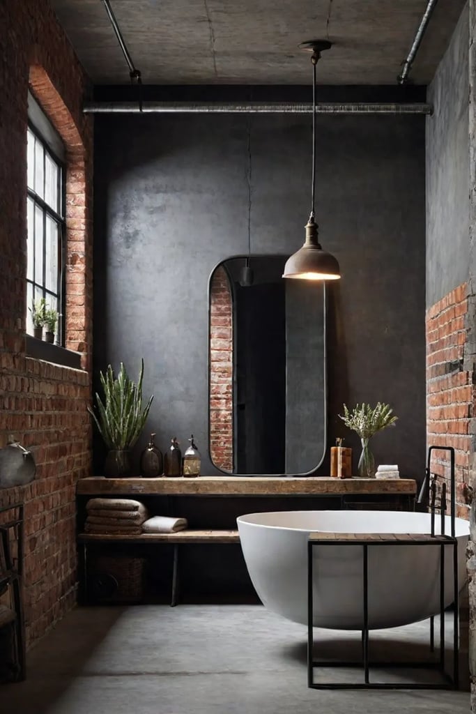 Bathroom with exposed brick and vintage mirror
