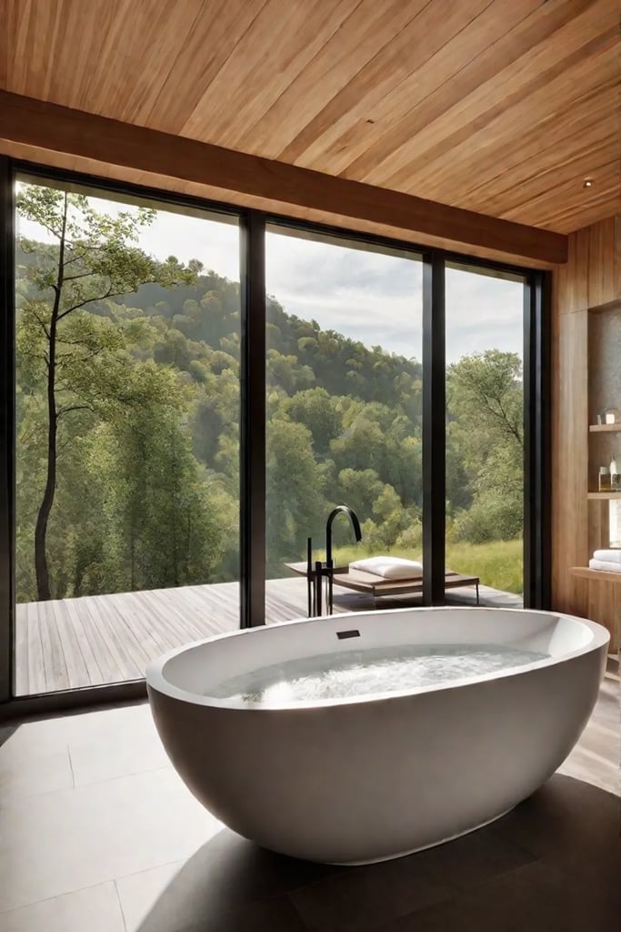 Bathroom with freestanding bathtub and nature view