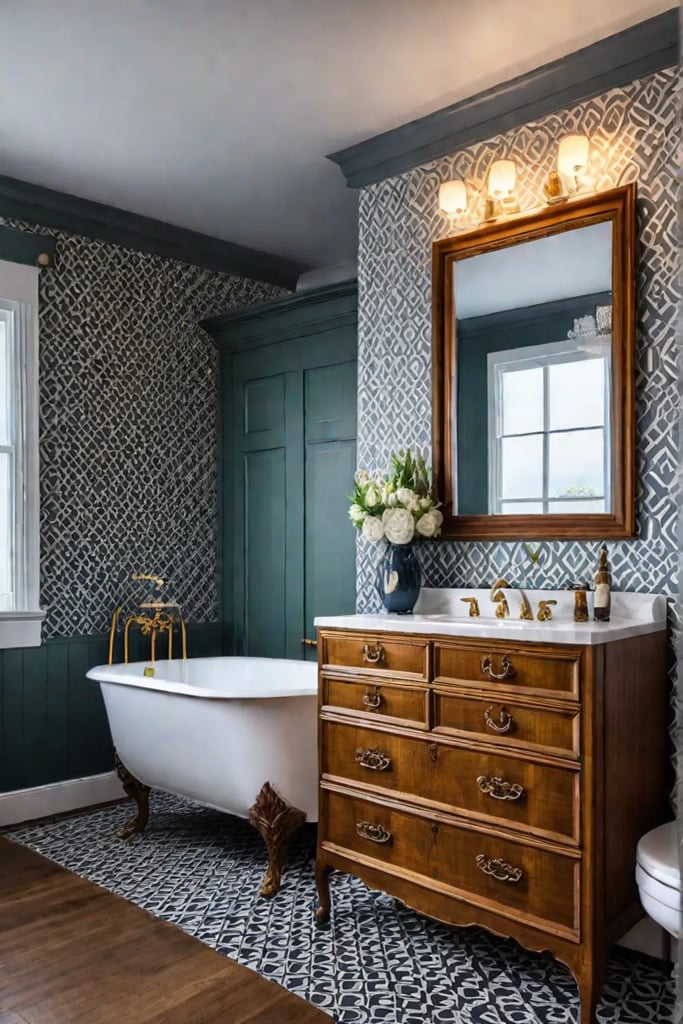 Bathroom with geometric wallpaper and vintage vanity
