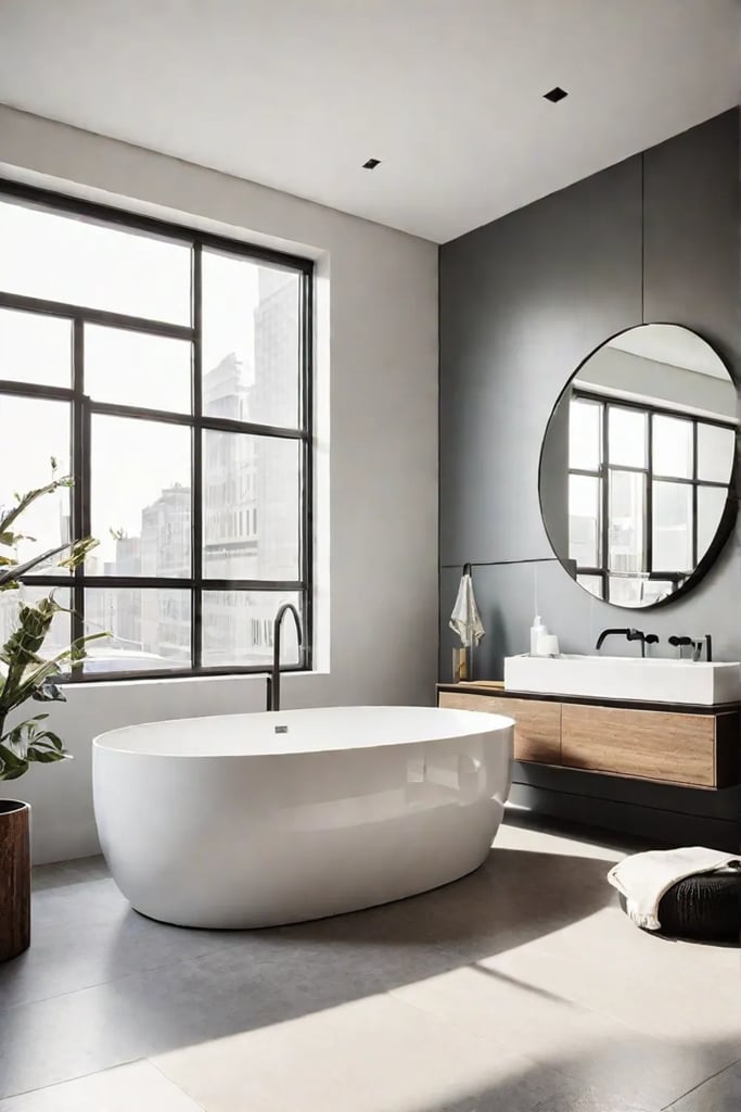 Bathroom with round mirror square sink and rectangular bathtub