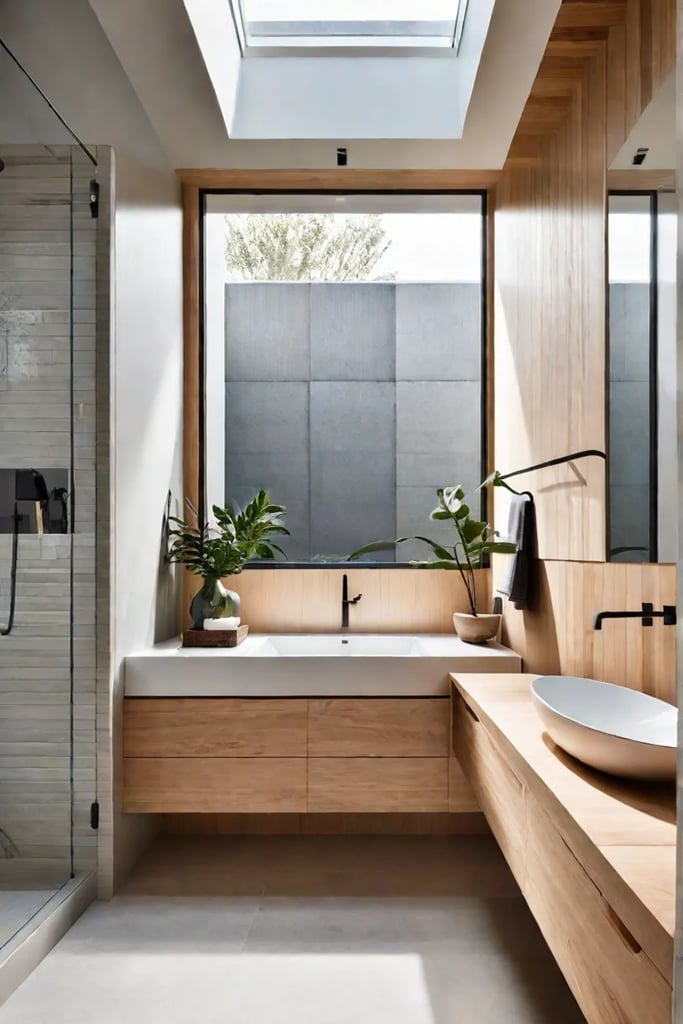 Bathroom with skylight and warm ambient light