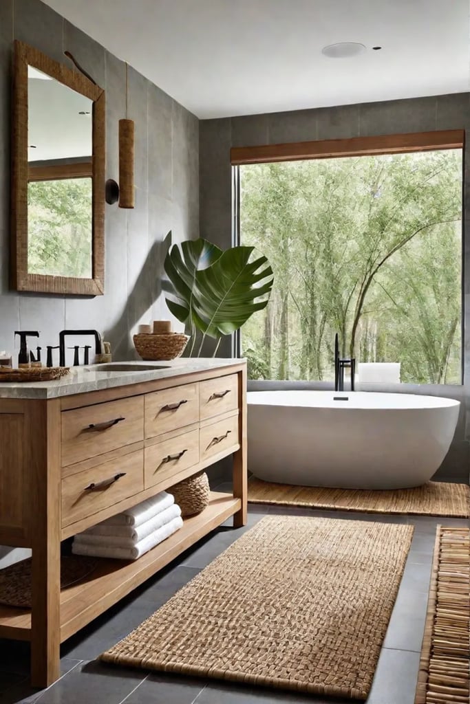 Bathroom with wooden vanity and stone countertop