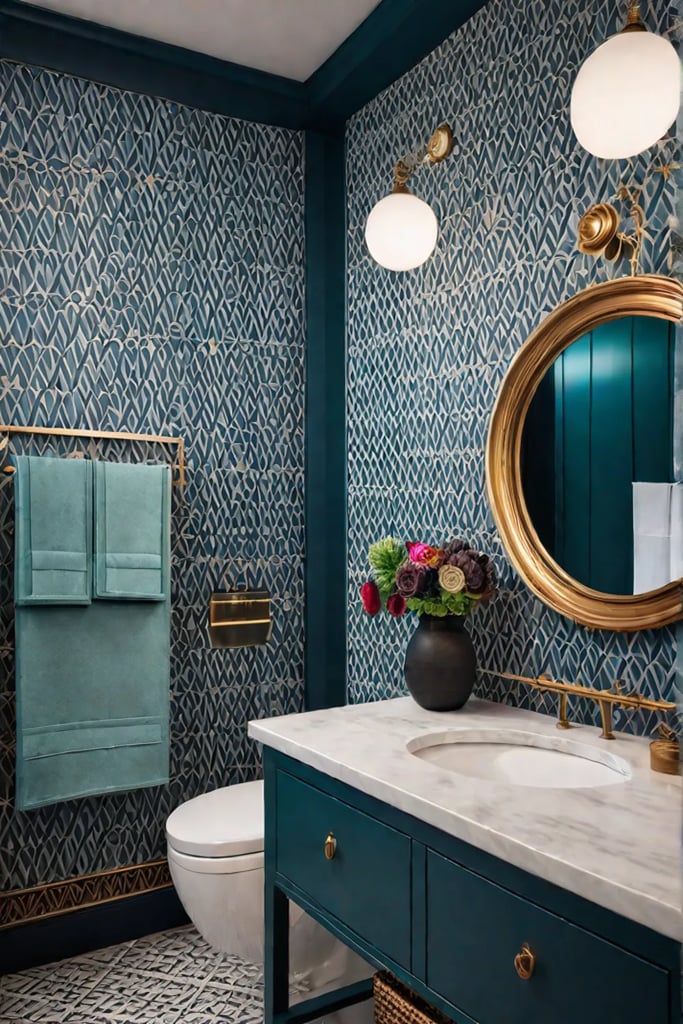 Bohemian bathroom with colorful tiles and patterns