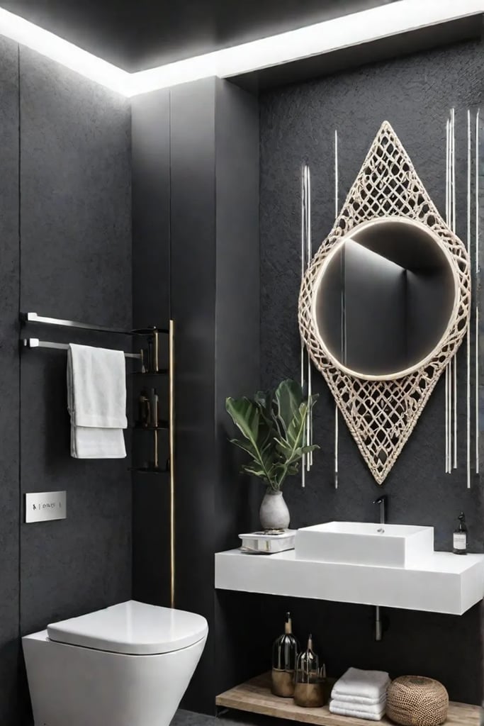 Bohemian bathroom with mirrors and macrame