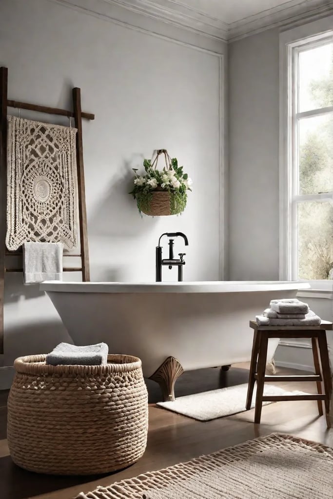 Boho bathroom decor with macrame and natural textures