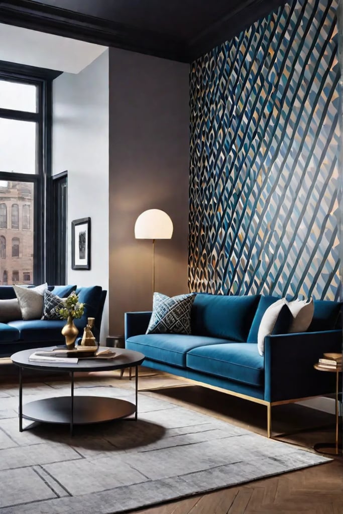 Bold wallpaper adding drama to living room