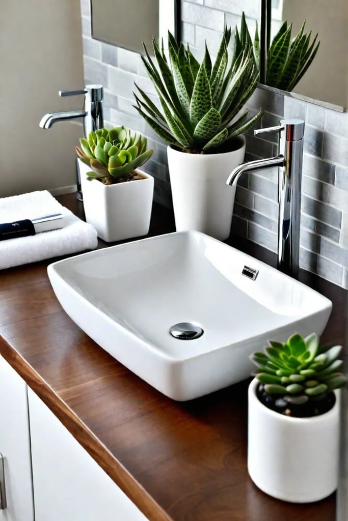 Butcher block countertop with a porcelain sink and decorative accents in a modern bathroom