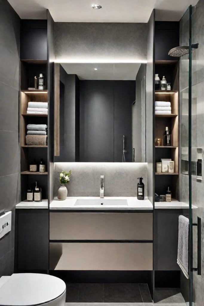 Clutterfree bathroom with mirrored cabinet and ambient lighting