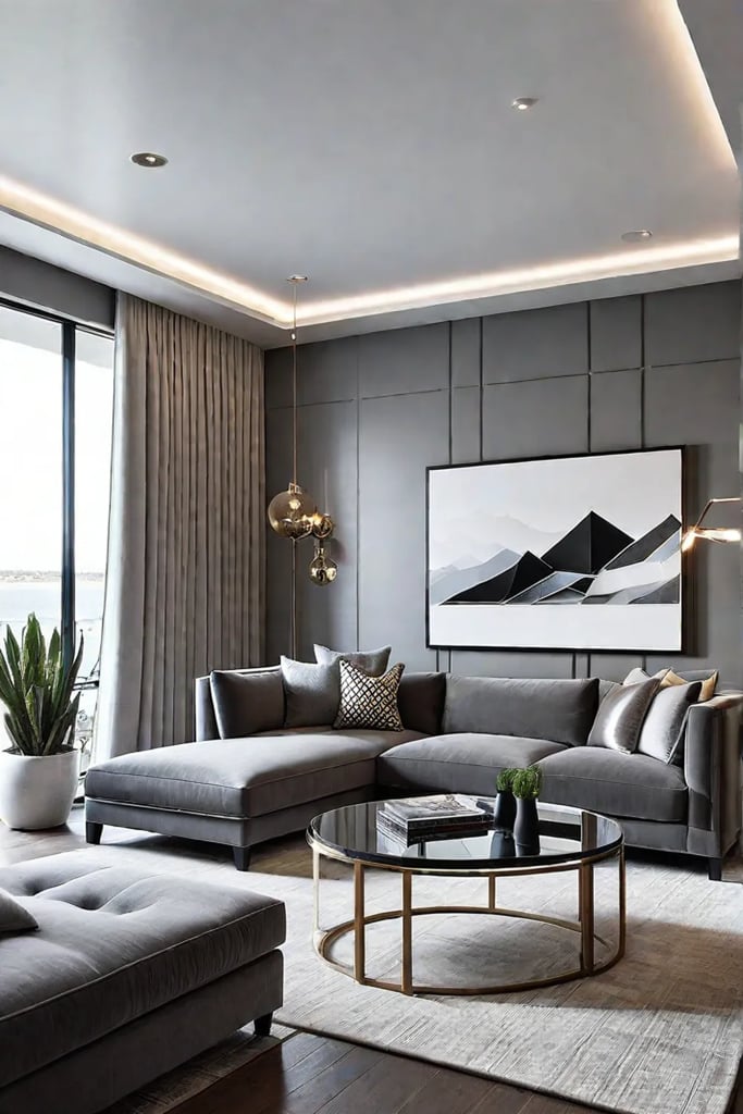 Contemporary living room with 3D wall sculpture and media console