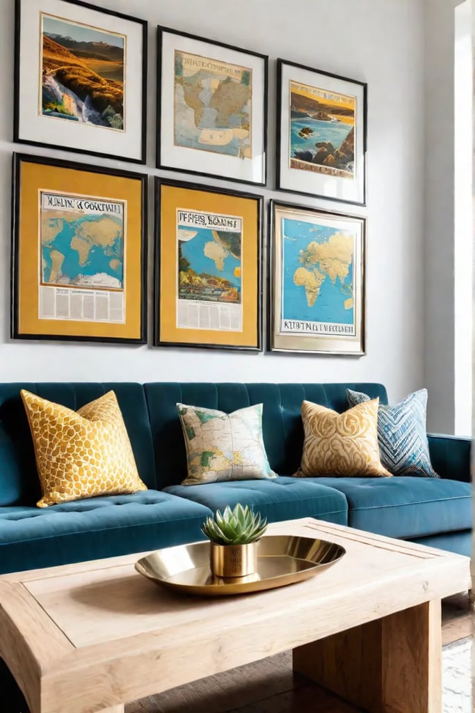 Cozy living room with an eclectic gallery wall and vintage frames