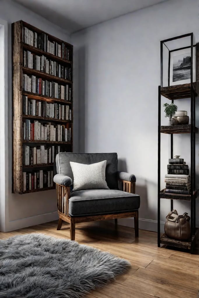 Cozy reading corner with pallet wood and soft rug