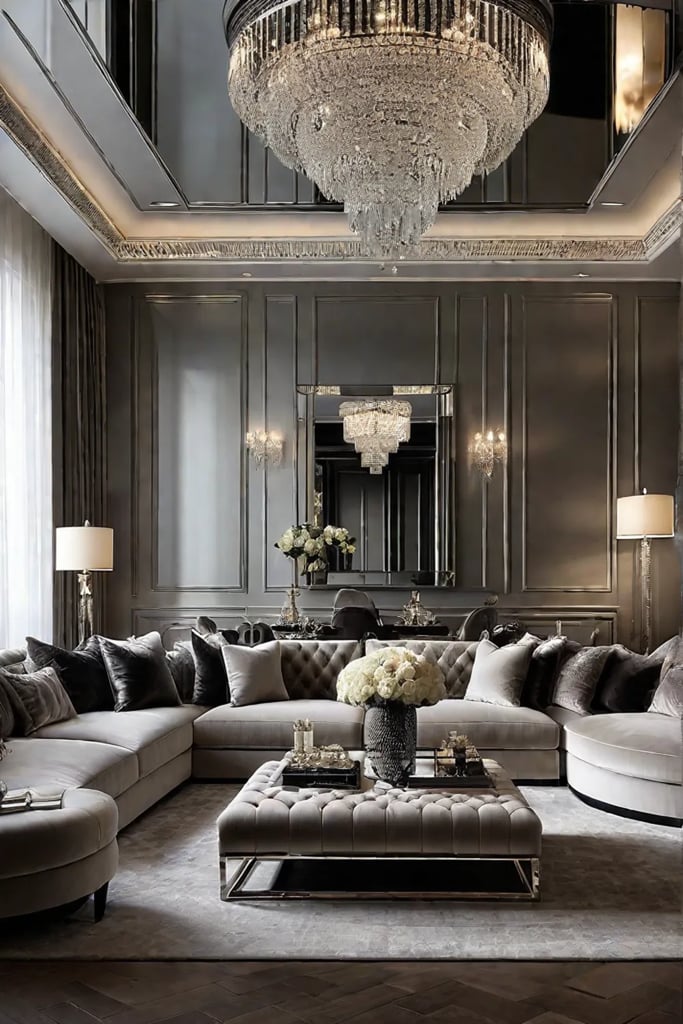 Crystal chandelier reflected in mirrored walls